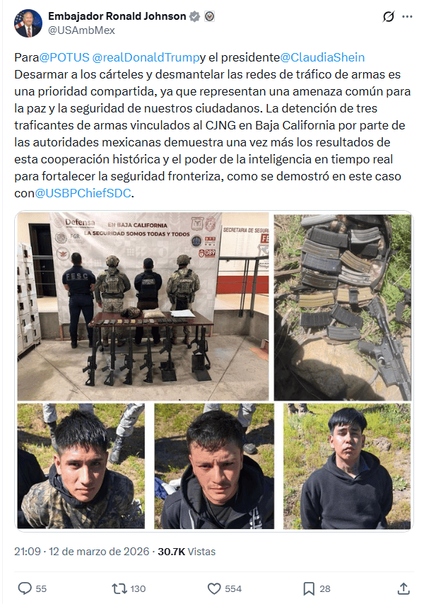 &nbsp;Ronald Johnson celebra colaboración entre gobiernos de Sheinbaum y Trump. X / @USAmbMex